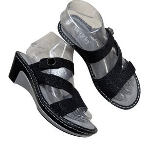 Alegria Loti Glitteroti Women's Black Leather Slip-On Wedge Heel Sandals Size 36